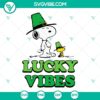 Snoopy Lucky Vibes and Shamrock St Patricks Day SVG files for download, festive and charming design for DIY projects.