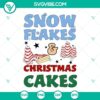Snowflakes and Christmas cakes SVG images with Christmas tree cake designs for holiday crafts and decorations.
