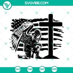 American, SVG Files, Soldier Angel Wings Kneeling At Cross American Flag SVG 12