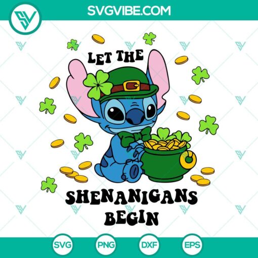 stitch st patricks day svg let the shenanigans begin svg green shamrock svg leprechaun svg png dxf eps 7 mockup