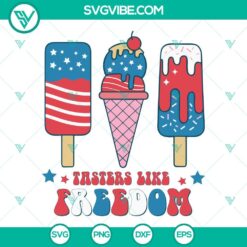 Patriotic USA flag ice cream cone SVG design for 4th of July celebration, with text "Tastes Like Freedom", perfect for download.