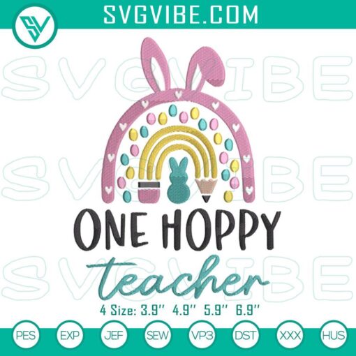 teacher happy easter rainbow bunny embroidery designs one hoppy teacher embroidery pattern mockup