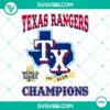 Texas Rangers ALCS TX Champions 2023 and World Series Champions PNG image designs showcasing team logos and trophies in vibrant colors.