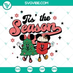 Christmas SVG design featuring a festive coffee cup with Christmas tree and the text "Tis the Season". Perfect for holiday crafting projects.