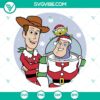 Toy Story Christmas SVG featuring Woody and Buzz Lightyear dressed as Santa Claus. Festive design for holiday crafting projects.