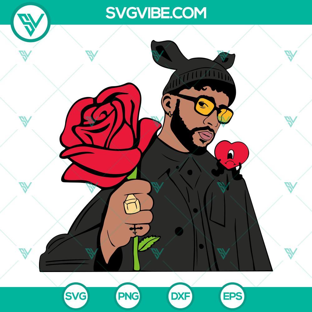 Valentine Bad Bunny With Rose SVG, Bad Bunny Valentines Day SVG, Bad Bunny SVG Valentine Bad Bunny and Rose SVG design for Valentines Day, downloadable SVG file by Bad Bunny.
