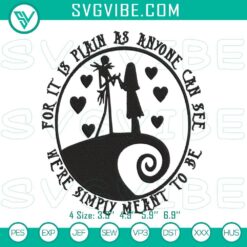 Jack and Sally embroidery design with "We're Simply Meant To Be" song file, perfect for Halloween crafts.