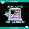 Bluey's Grannies Arrival PNG scene showing animated characters embracing, modern digital drawing, kid's cartoon illustration.