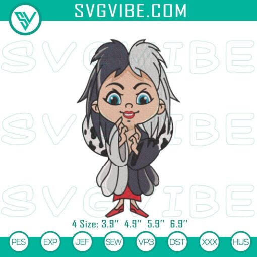 chibi cruella de vil stitch patterns disney antagonist embroidery files mockup