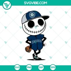 Jack Skellington Mariners Baseball Halloween SVG PNG design featuring a spooky themed baseball player for Halloween.