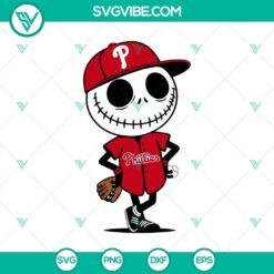 Jack Skellington Phillies Baseball Halloween SVG PNG design with spooky Jack Skellington wearing a Philadelphia Phillies baseball cap, perfect for Halloween.
