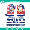 Janet And Rita 2024, Here Come The Grannies, Bluey 4th Of July, Bingo American Flag SVG design featuring patriotic grannies and Bluey characters.