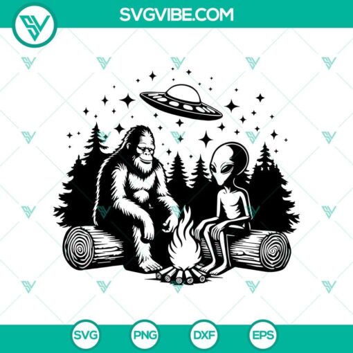 bigfoot and alien sitting at a campfire svg bigfoot alien camping svg bigfoot alien campfire svg mockup