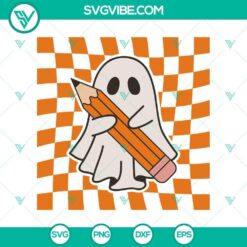 Spooky Halloween ghost teacher holding a pencil SVG design for teachers, perfect for Halloween crafting projects.
