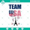 Team USA 2024 Olympics SVG and Paris 2024 Olympics SVG design with American and French flags, Eiffel Tower, Olympic rings.