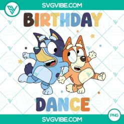 Bluey and Bingo celebrating a birthday with "Birthday Boy" text in blue hues on a transparent background PNG. Great for Bluey fans!