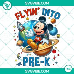 Adorable Mickey Mouse astronaut flying into pre-k in PNG format. Cute design for space-themed projects.