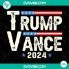 Trump Vance 2024 VP USA Election Patriotic design PNG with American flag background and bold typography.