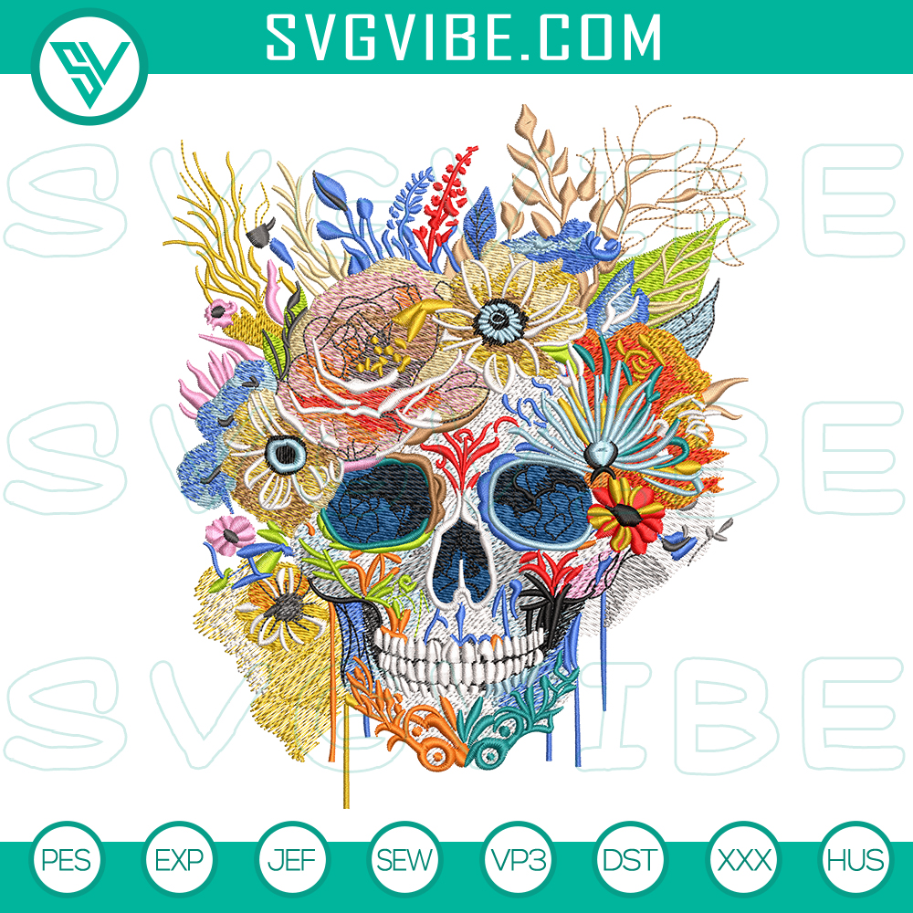 EMB No size Detailed premium embroidery design of a sugar skull in 3 sizes, ideal for Halloween decorations and craft projects.