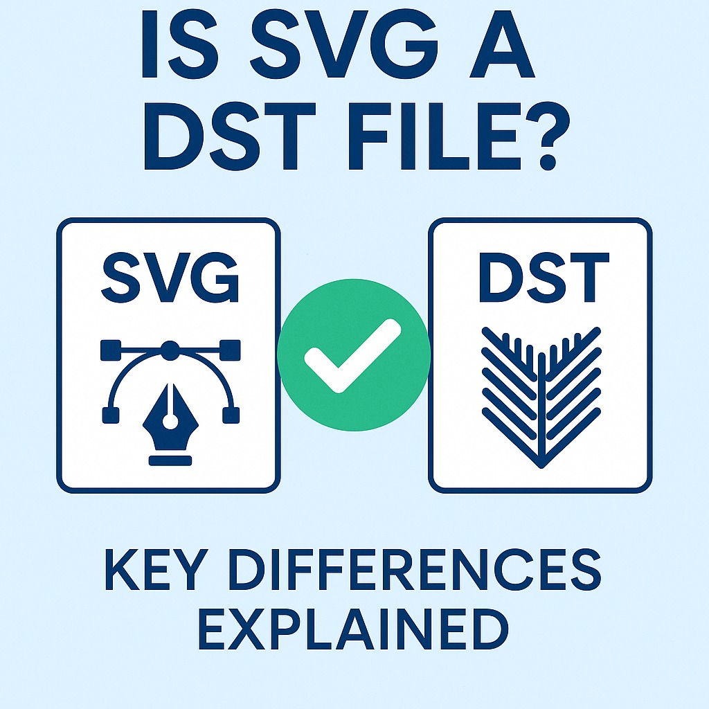 Comparison between SVG and DST file formats for crafting and embroidery with icons and the text 'Key Differences Explained'