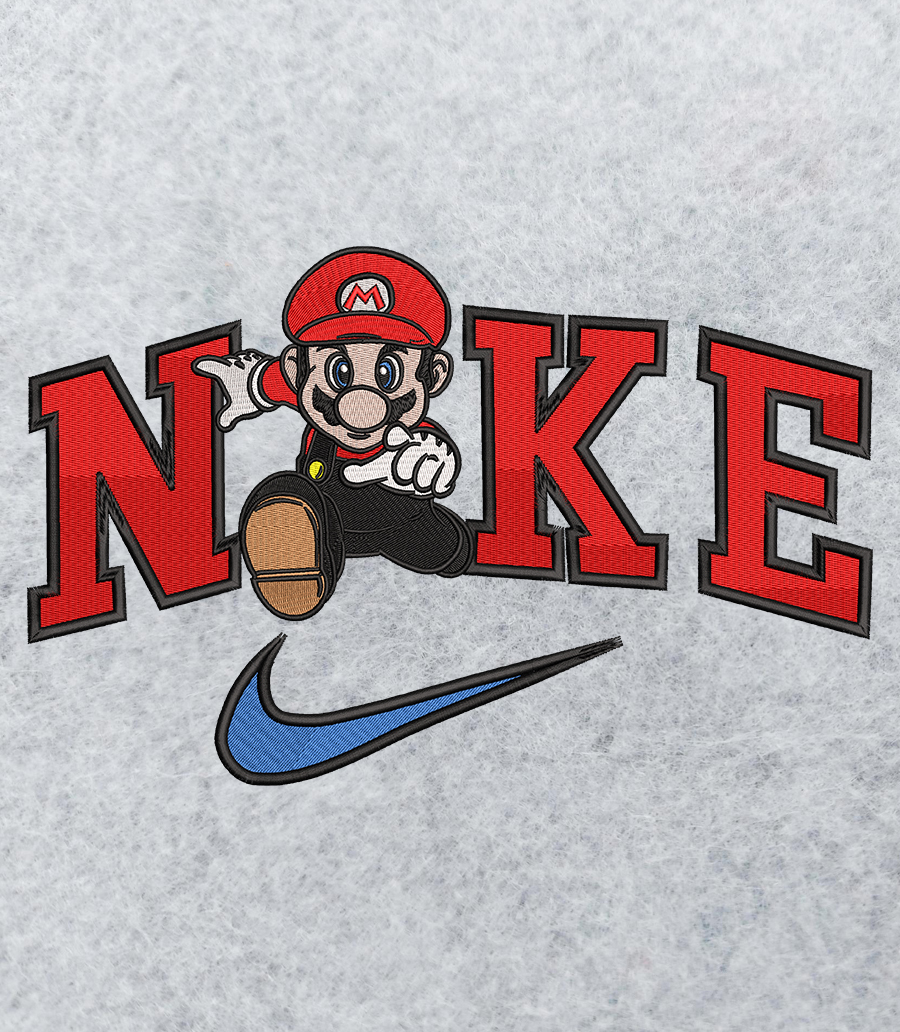 Mockup EMB Nike and Mario logo embroidery design featuring premium digital file for sale.