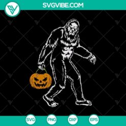 Bigfoot holding a pumpkin in a Halloween themed SVG design, perfect for funny Halloween crafts and decorations.