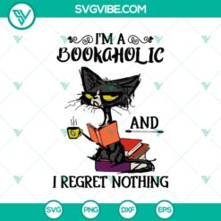Black Cat Im A Bookaholic SVG featuring a cute black cat, perfect for Halloween crafts and projects.
