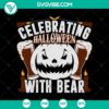 Bear holding a pumpkin for Halloween, with spooky elements like bats and spiders. Halloween Bear SVG perfect for scary designs.