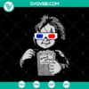 Chucky horror character watching movie in cinema with popcorn, SVG design for Halloween themes.