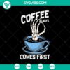 Funny Halloween skeleton holding coffee mug design in SVG format. Great for Halloween projects.