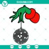 Green hand holding disco ball digital files in SVG, DXF, EPS, and PNG formats for crafting projects.