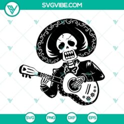 Spooky Halloween skeleton playing guitar SVG design, perfect for horror-themed projects. Traditional Halloween scary SVG element.