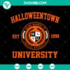 Spooky Halloween Town University SVG featuring a witch and the words "Happy Halloween". Perfect for Halloween crafting projects.