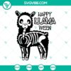 Happy Llamaween SVG with a funny llama skeleton design for Halloween, ideal for crafts and decorations.