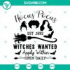 Hocus Pocus Co Est .1692 Witches Wanted SVG, Halloween design with spooky details for Oct 31 celebration.