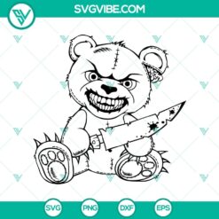 Angry horror teddy bear SVG with knife, spooky horror bear design, Halloween themed bear silhouette SVG.
