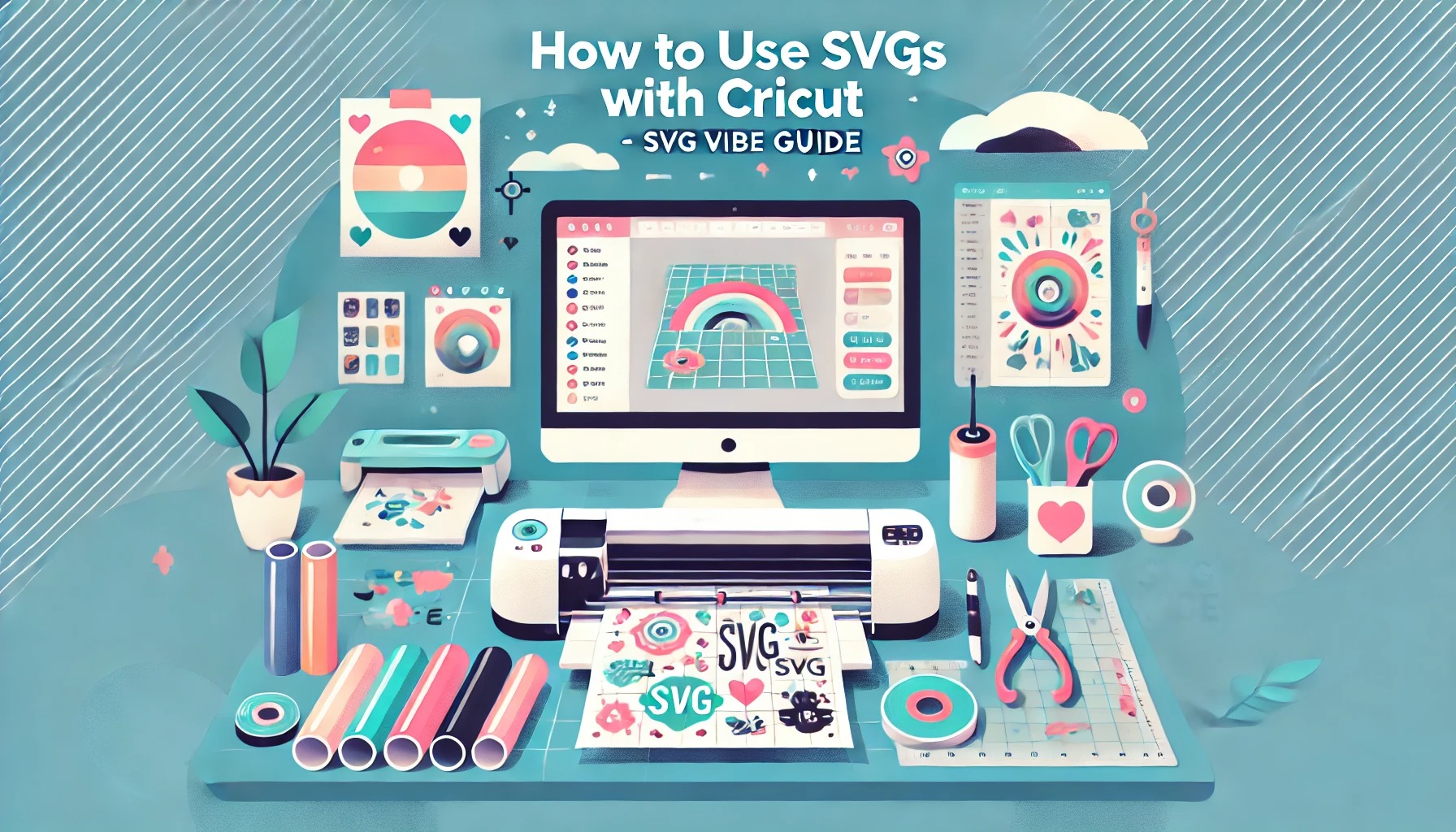 Horizontal banner showing a Cricut machine cutting a colorful SVG design, a computer screen with Cricut Design Space open, crafting tools like vinyl and scissors, and the text 'How to Use SVGs with Cricut - SVG Vibe Guide'. Modern, flat vector style, bright pastel colors