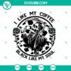 Coffee and ghost themed SVG design with floral elements and a quote "I Like My Coffee Black Like My Soul", perfect for crafting projects.