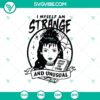 Beetlejuice Halloween SVG with phrases "I Myself Am Strange And Unusual" and "Never Trust The Living", perfect for spooky projects.