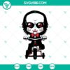 Creepy red blood splatter pattern with horror movie icons: jigsaw, bicycle, ideal for Halloween SVG designs.