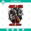 Girl who Loves Horror Movies SVG with Horror Characters for Halloween. Great design for horror movie fans and Halloween enthusiasts.