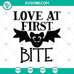 Halloween SVG of "Love At First Bite" featuring Bat. Scary and cute design perfect for holiday crafts.