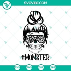 Messy Bun Momster Skull Halloween SVG design for mom, spooky and trendy crafters.