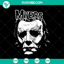 Michael Myers horror face SVG with other horror characters in a Halloween-themed design. Perfect for spooky crafts and projects.