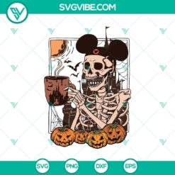 Mickey Skeleton Halloween themed digital cut files for Cricut and Silhouette featuring Mickey Mouse skeleton character drinking coffee. Great for Halloween crafting projects.