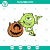 Mike Wazowski holding a pumpkin SVG for Halloween celebrations. Cute Monster Happy Halloween design.