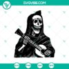 Mintage Skeleton Plays Guitar SVG with spooky Halloween theme, perfect for crafting projects and decorations.