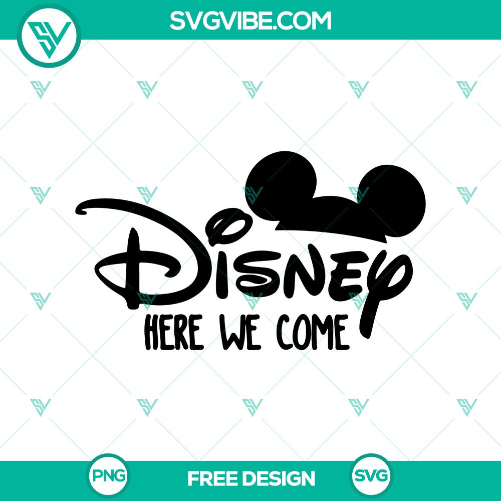 Disney Here We Come SVG Cut File – Free Vacation-Themed Design Disney vacation-themed SVG cut file for free download featuring "Here We Come" text in a fun design perfect for travel enthusiasts.