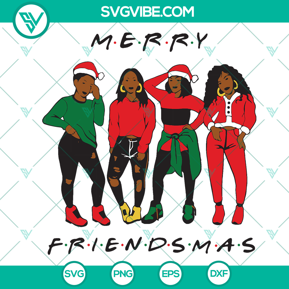 mockup-12732144.jpg Afro girl Christmas SVG design for friends, Merry Friendsmas theme, ideal for Xmas gifts.