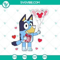Bluey dog holding heart balloons, Valentine's Day themed design in SVG, DXF, EPS, PNG formats for digital usage.